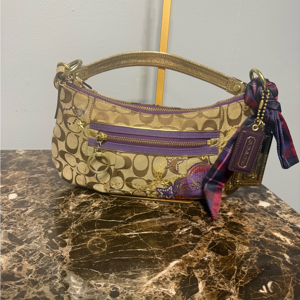 Coach Poppy Tartan Appliqué Groovy Shoulder Bag Brown Purple - Picture 13 of 17